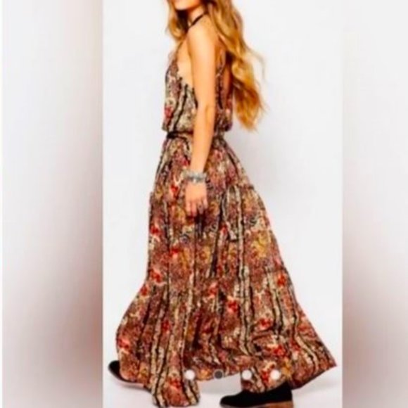 Free People Maxi Dress Tiered Braided Straps Criss Cross Back Attached Waist Tie - Picture 4 of 10